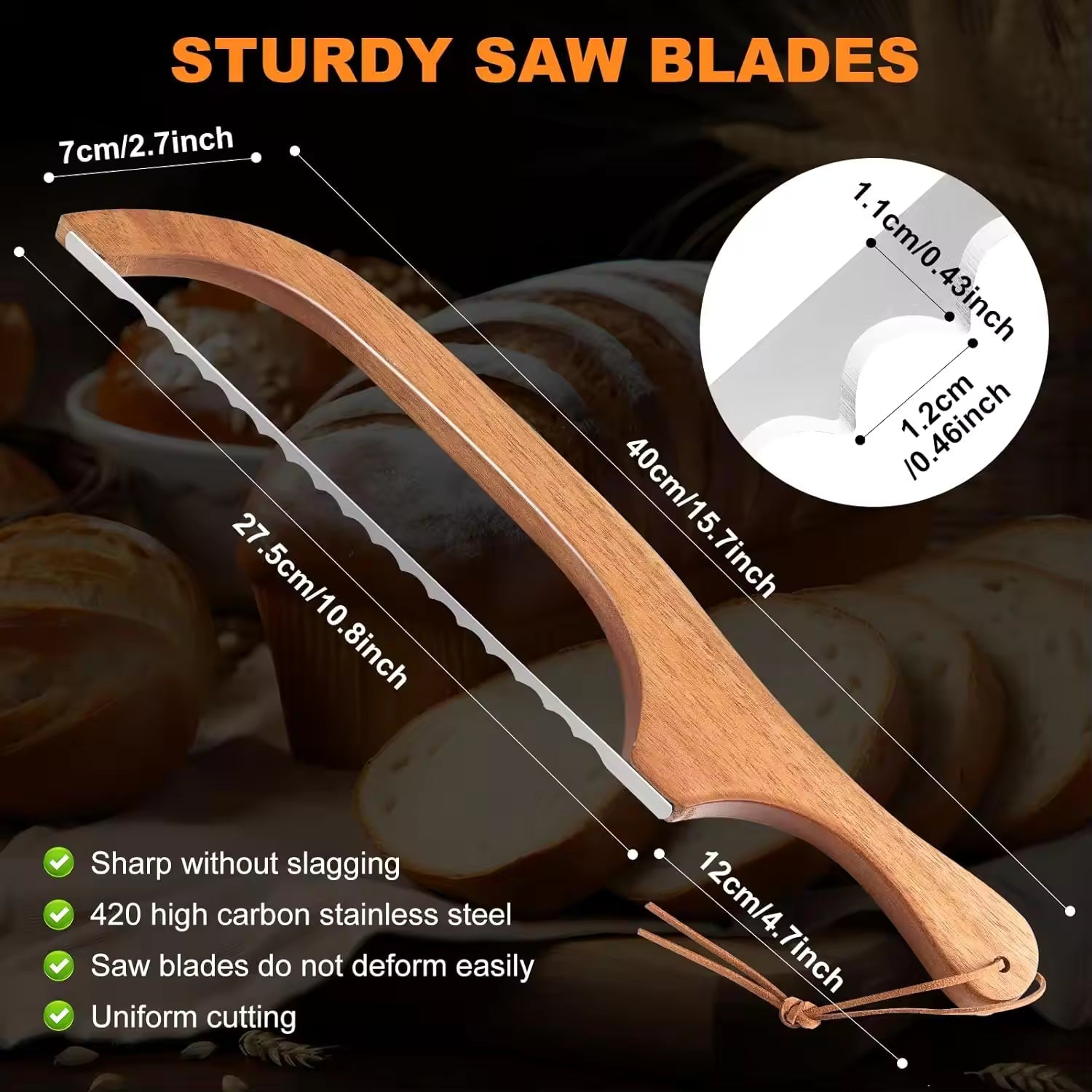 Wooden Bread Bow Knife, Serrated