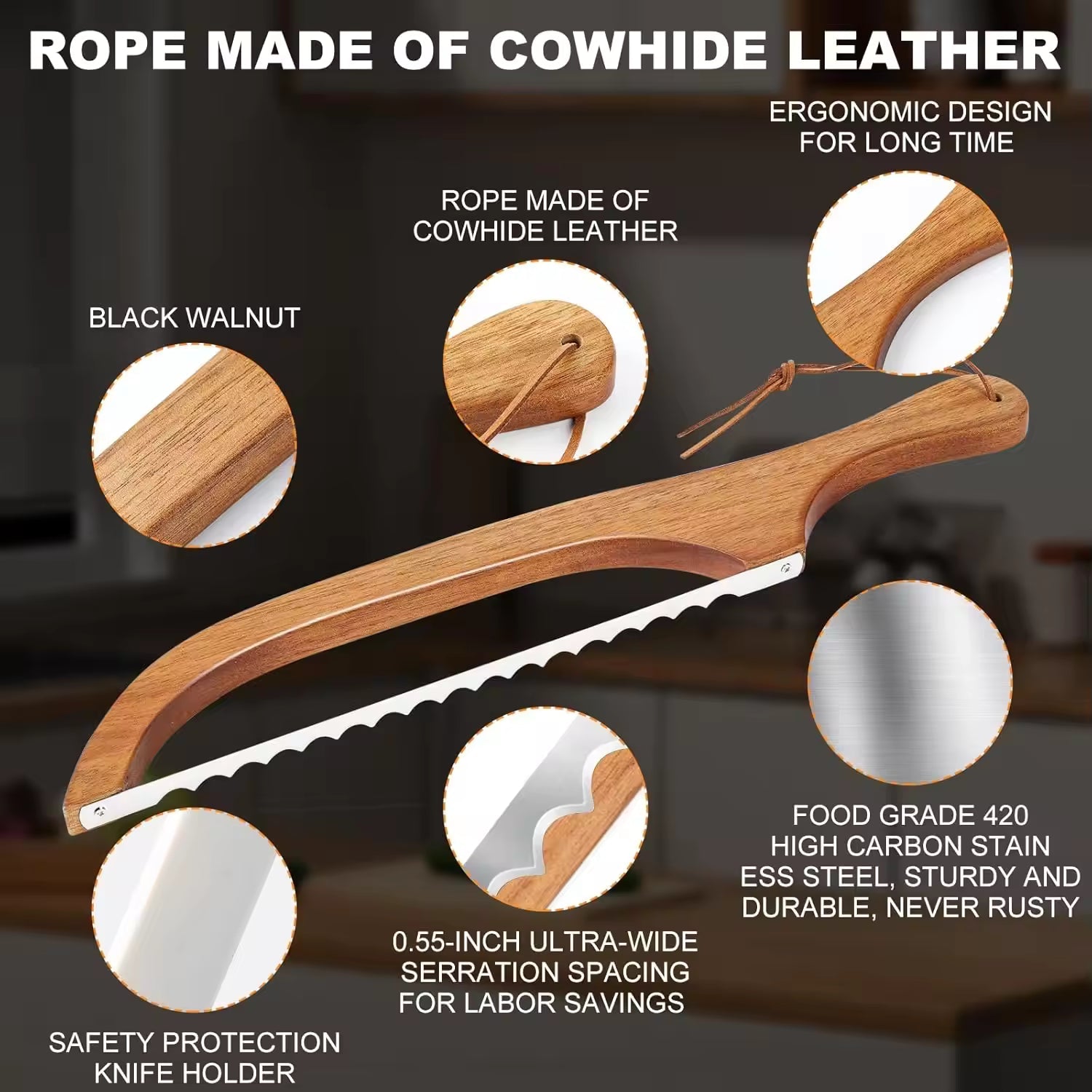 Wooden Bread Bow Knife, Serrated